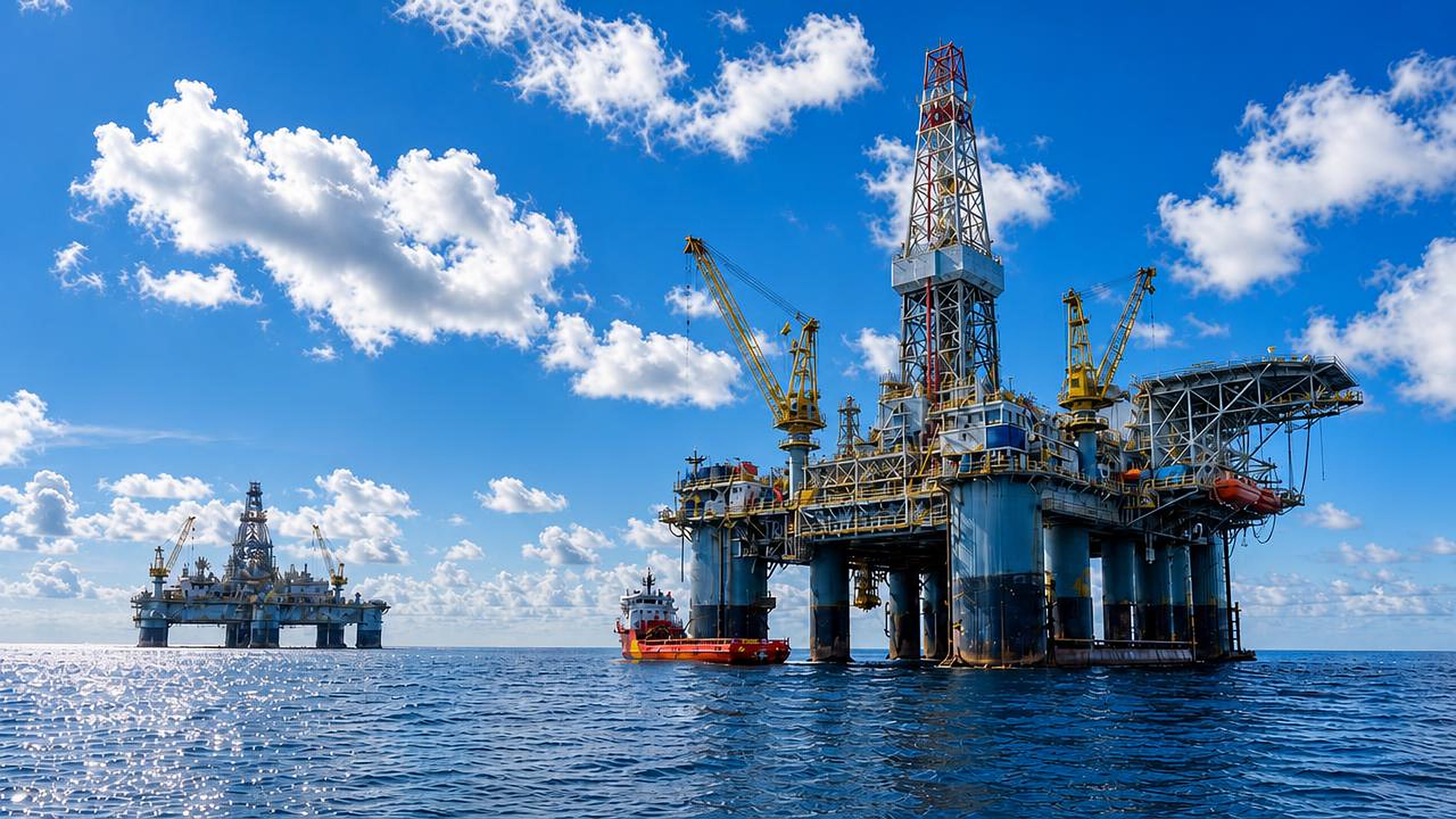 Offshore oil rigs in bright daylight under a blue sky